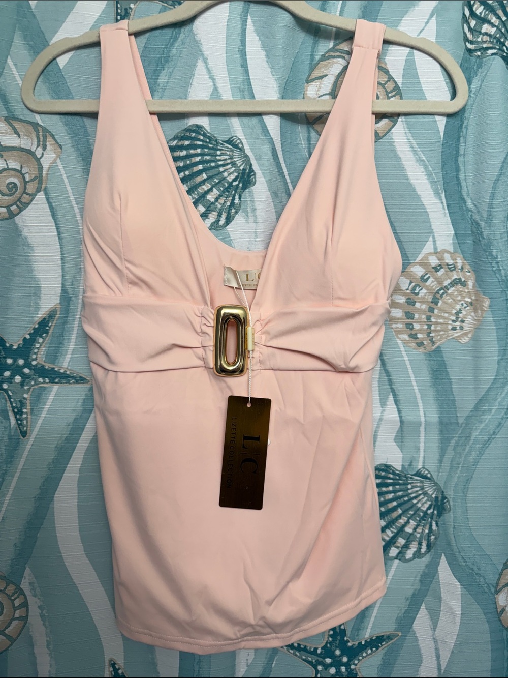 Light Blush V-Neck Tankini with Gold Hardware